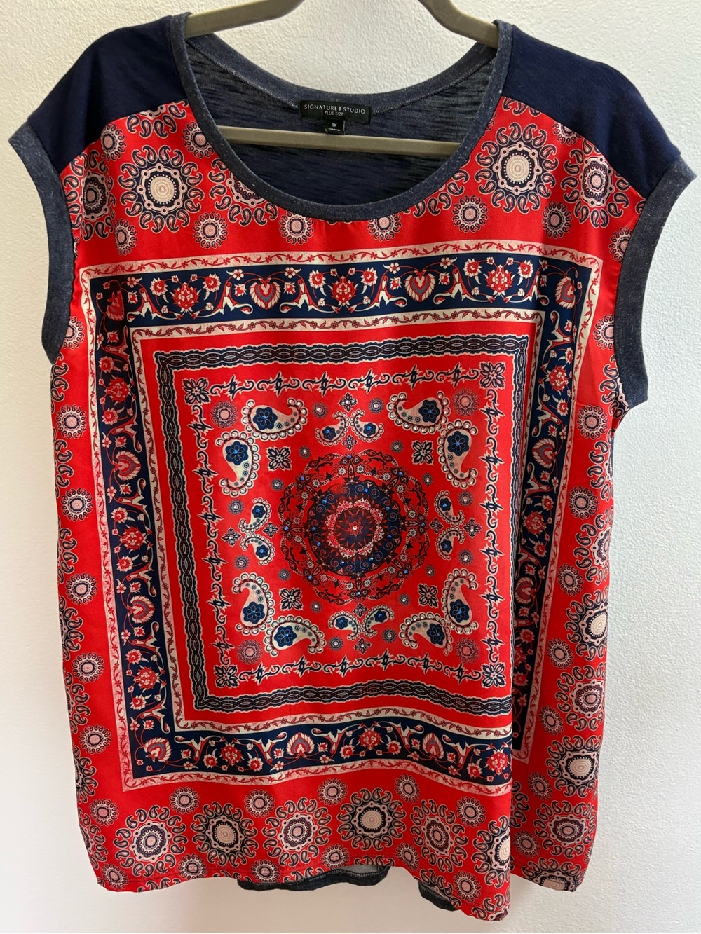 Signature Studio Red And Blue Embellished Bandana Print Top 1X